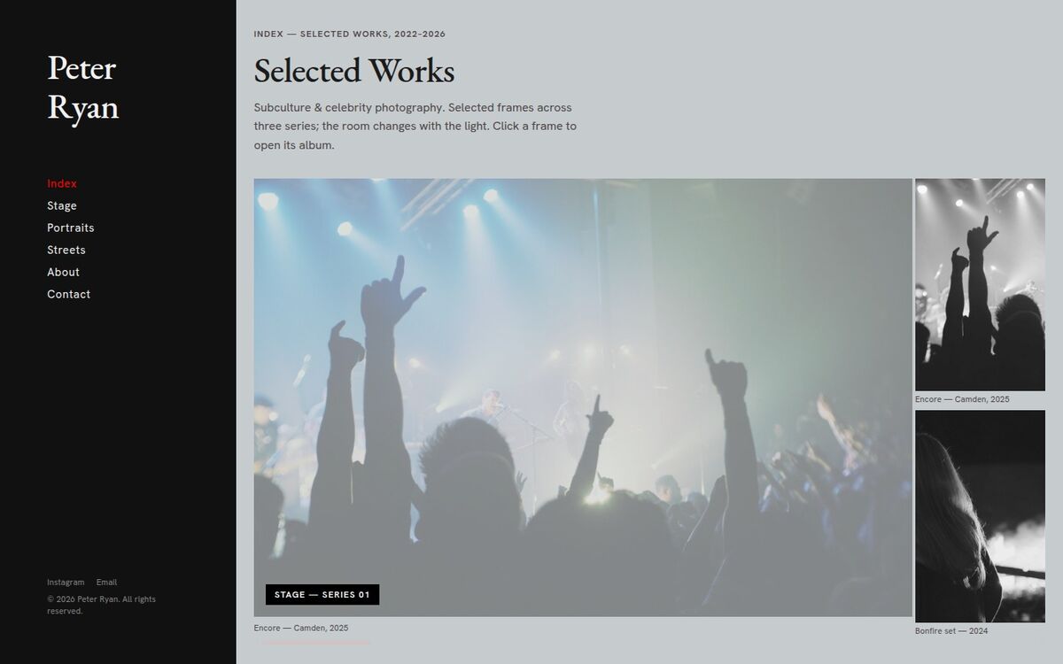 Album Viewer — a clicked index frame dims with an album label while the strip repopulates