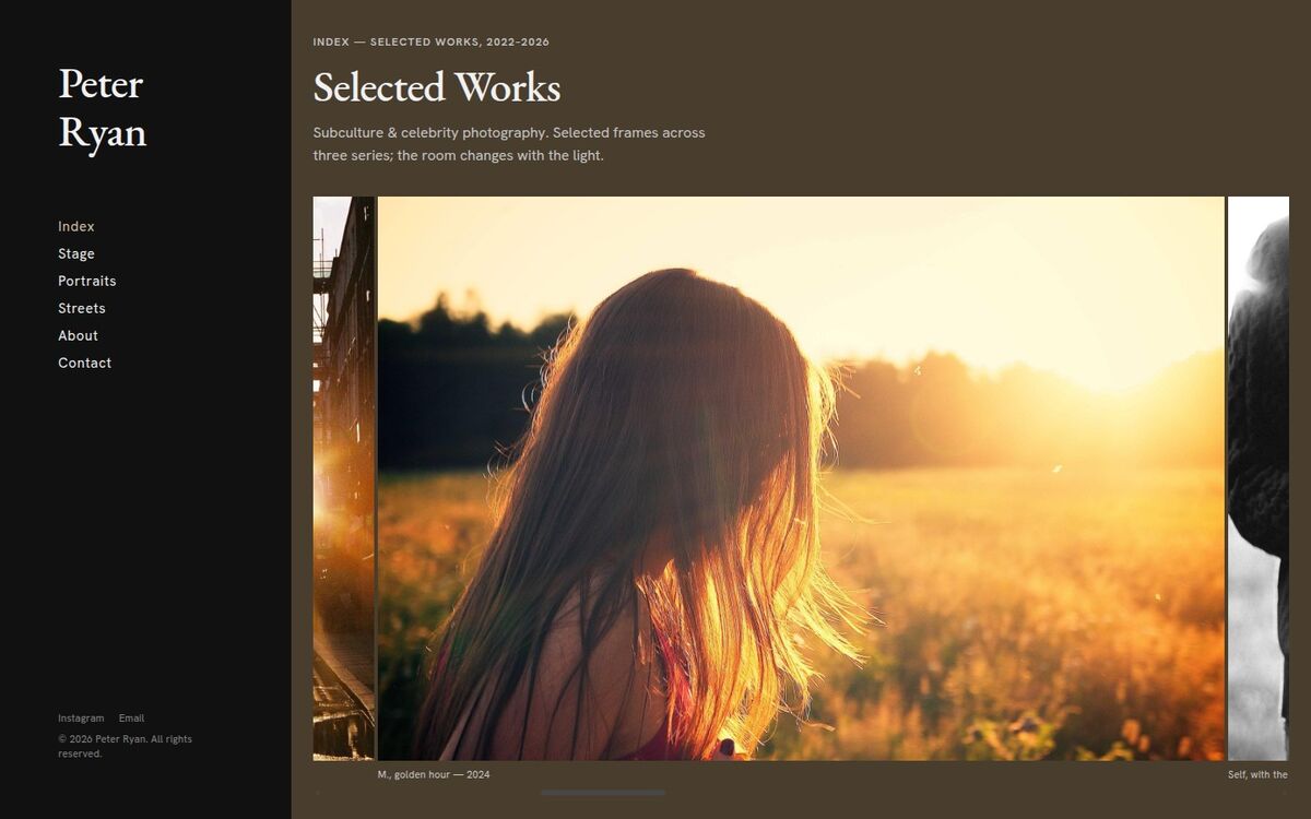 HUE Dark — the color reel on a dark canvas, with the active nav item matching the photo hue