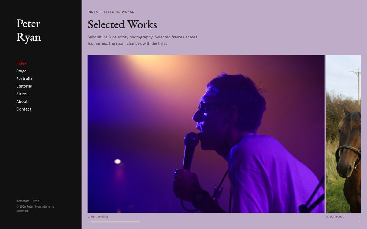HUE Real — the color reel built from Peter's real photographs, lavender tint around the purple-lit singer