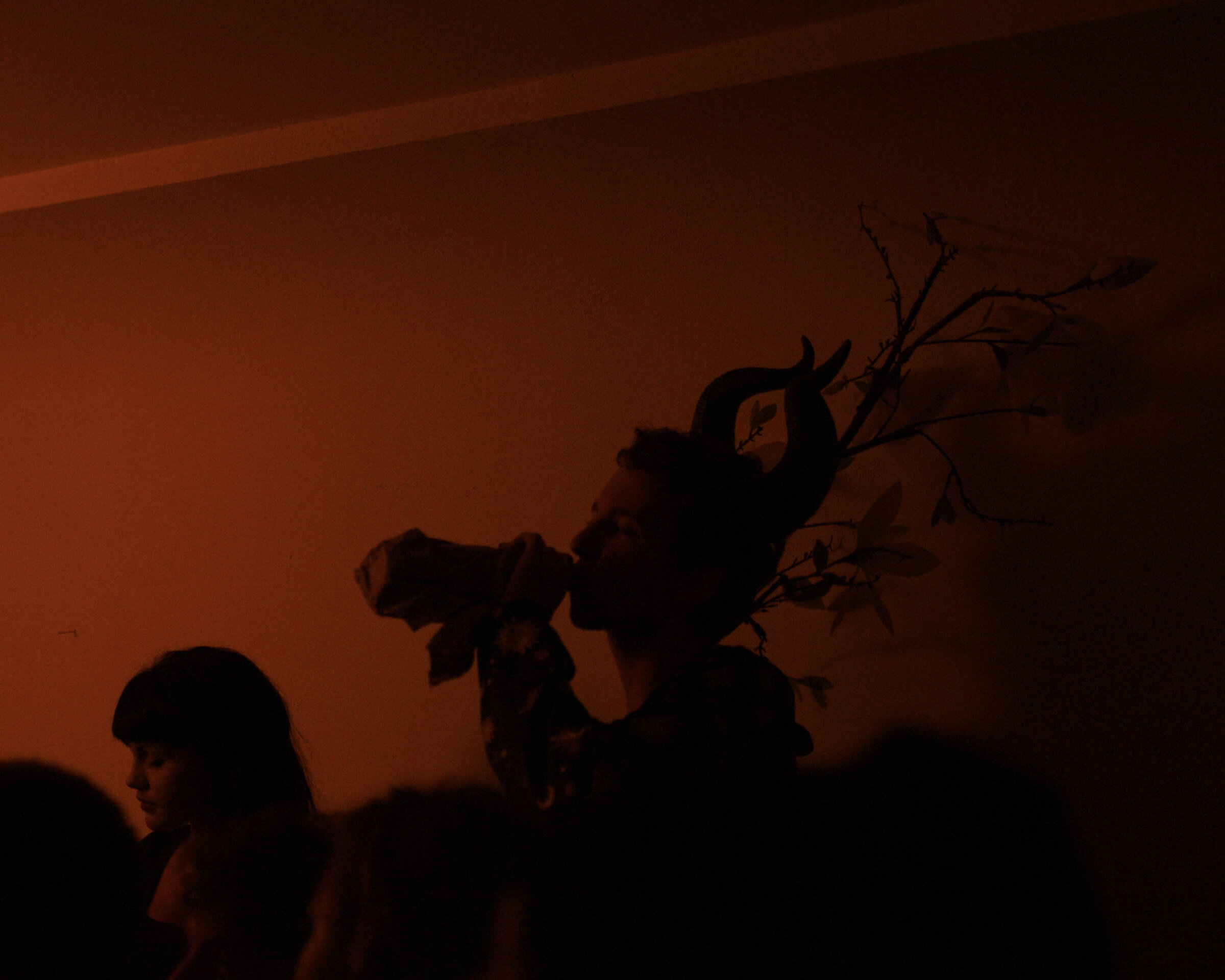 Horned figure drinking in the red dark